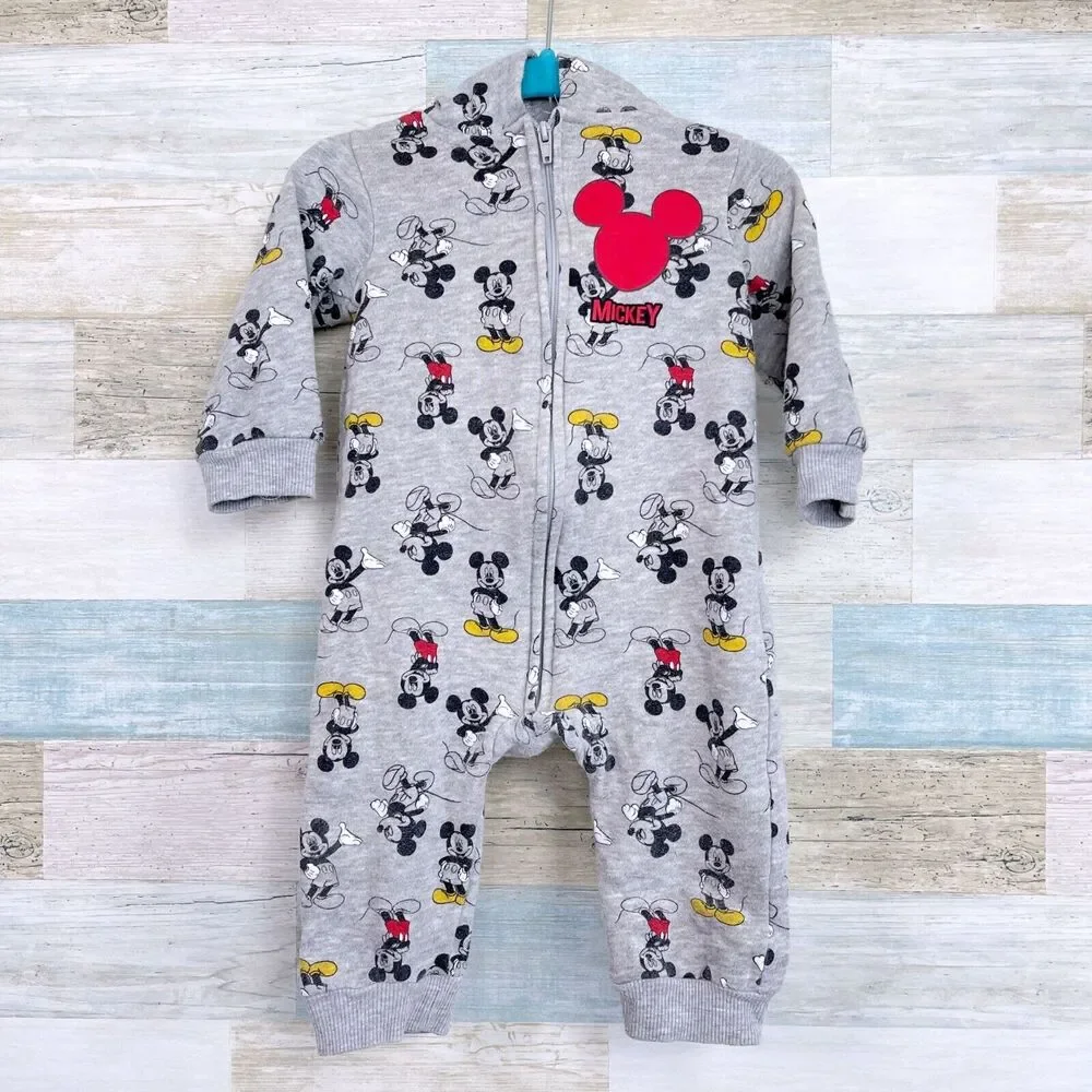 Disney Baby Hooded Ears Sweater Jumpsuit Gray Mickey Allover Print Zip Up 12M